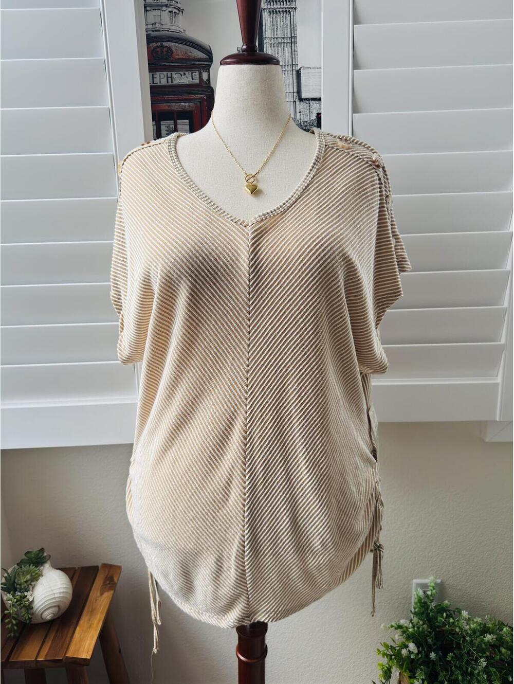 French Laundry Tan Striped V-Neck Cinch Top Size 3X